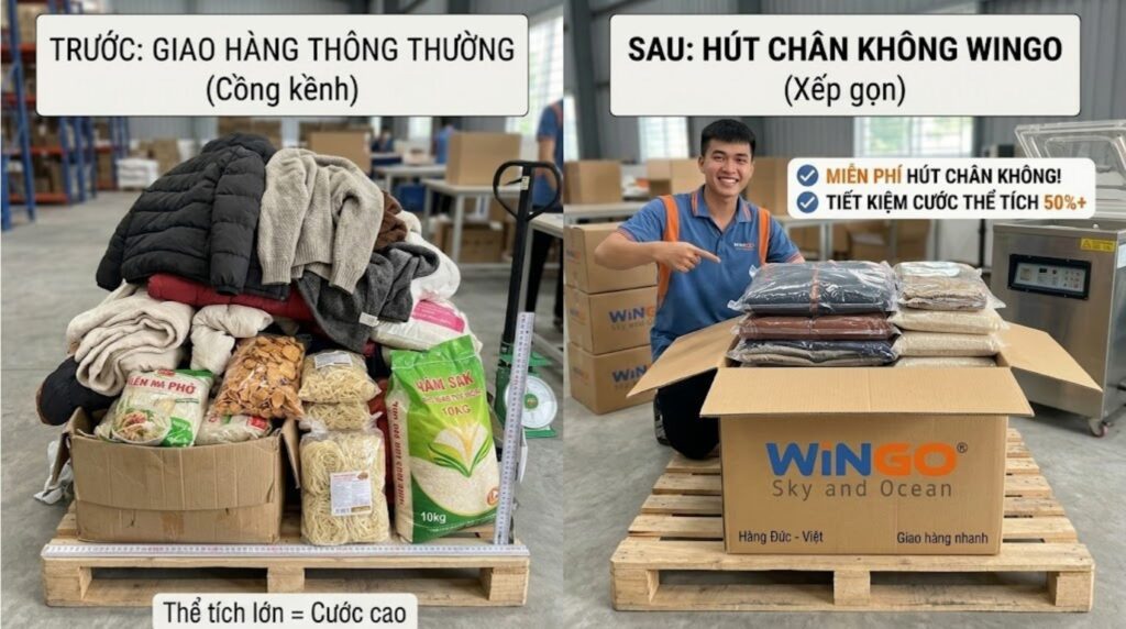 Dịch vụ hỗ trợ hút chân không miễn phí kiện hàng quần áo gấu bông gửi sang Đức giúp tối ưu tiết kiệm cước phí.