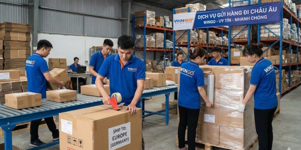 nhân viên Wingo đang đóng gói hàng đi Châu Âu