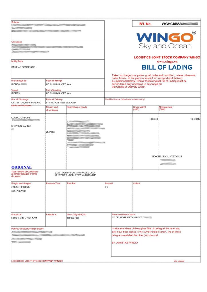 Mẫu House Bill (HBL) do Forwarder phát hành.