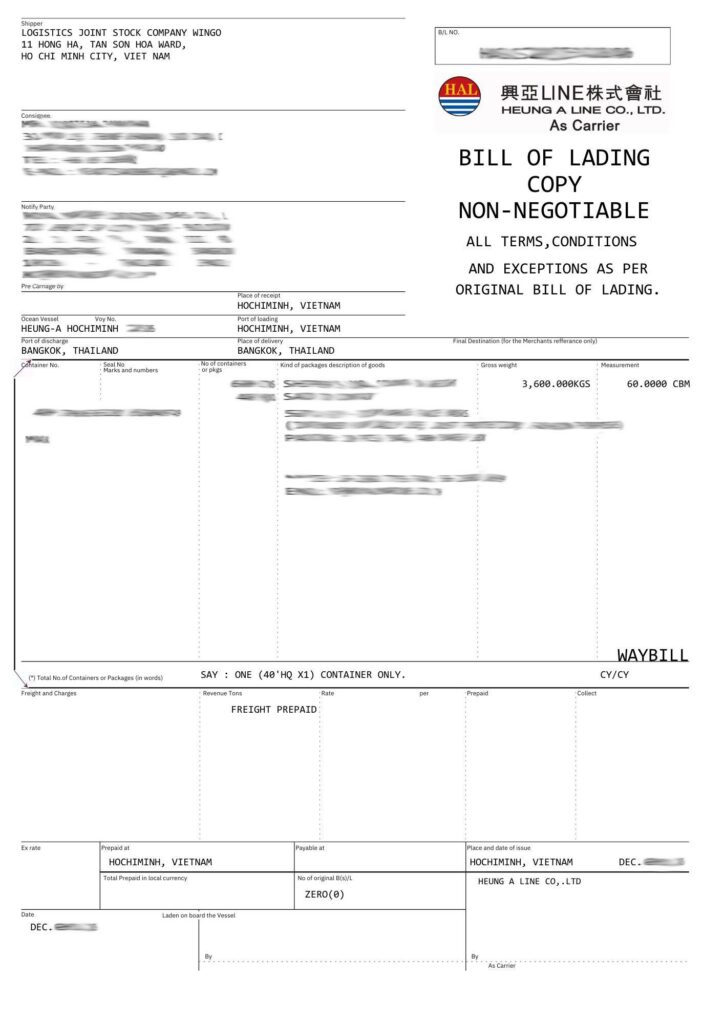 Mẫu Master Bill (MBL) do hãng tàu phát hành có logo hãng.
