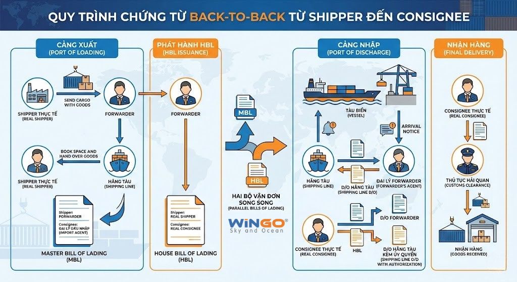 Sơ đồ quy trình chứng từ Back-to-Back giữa Master Bill và House Bill từ Shipper đến Consignee
