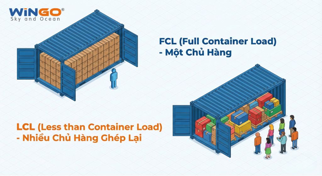 Mô hình minh họa khái niệm FCL (Full Container Load) và LCL (Less than Container Load) hàng lẻ ghép chung container.