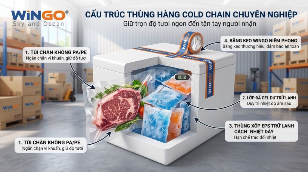 Cấu trúc 4 lớp đóng gói hàng đông lạnh đúng chuẩn quốc tế: hút chân không, sử dụng vật liệu cách nhiệt và thùng xốp kín.