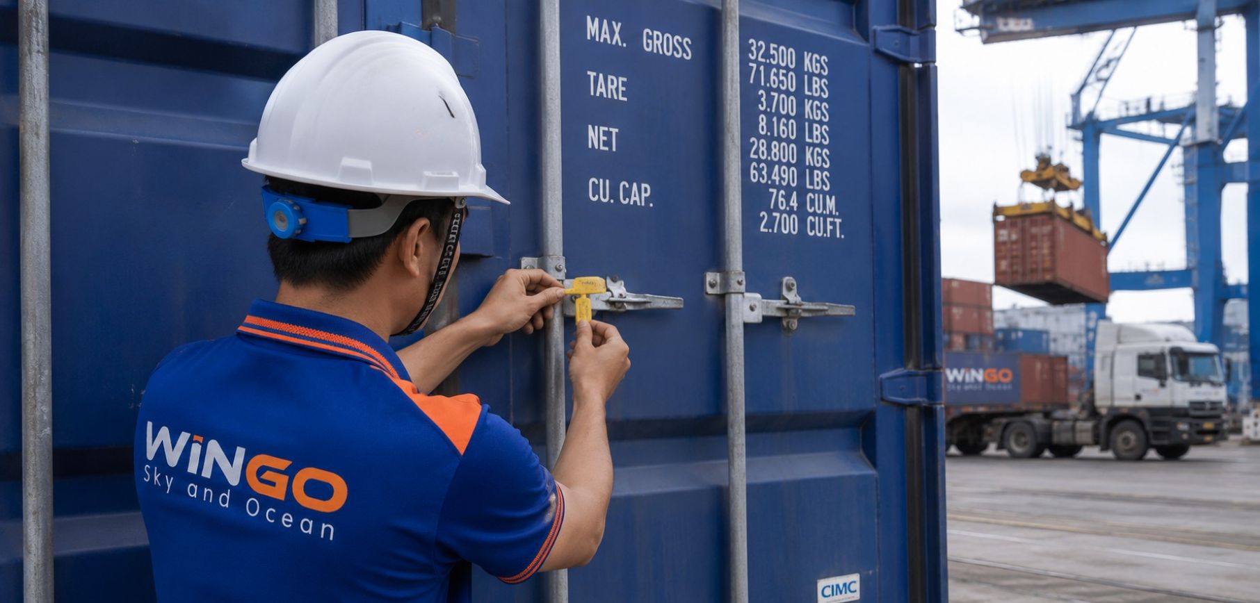 Wingo staff sealing a container before it is loaded onto the train
